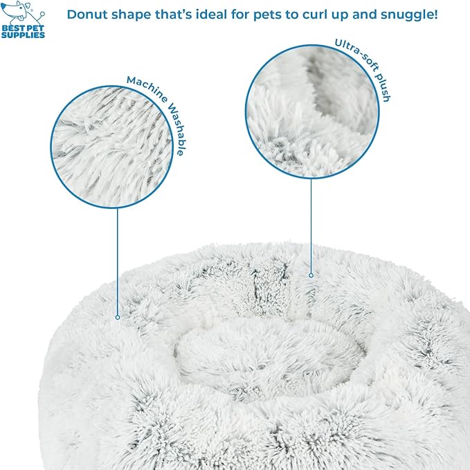 Best Pet Supplies Round Donut Dog Bed with Plush Faux Fur Fabric, Calming, Anti-Anxiety Cushion for Indoor Pets, Slip-Resistant Base, Soft Ergonomic Support - Light Warm Gray, 27x27x7.5''-PawvioPets