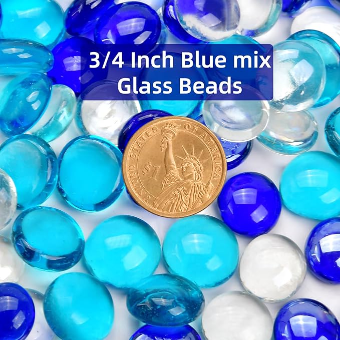 1LB Blue Mix Flat Glass Marbles for Vases, Mancala Stones Gemstone Beads Vase Filler Decorative Glass Pebbles for Fish Tank, DIY Crafts, Aquarium Decor Rocks-PawvioPets