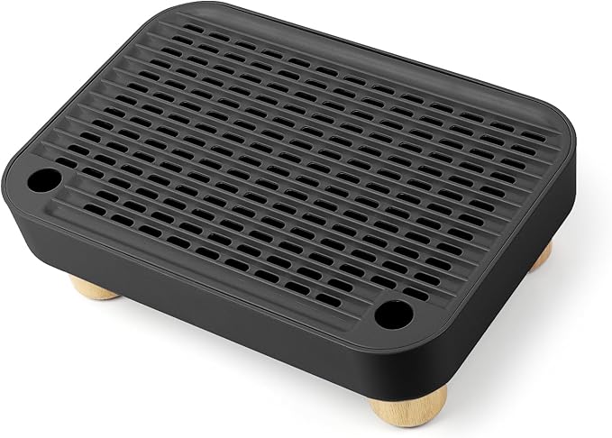 Cat Litter Box Step Ramp, Cat Litter Catcher Mat with Wooden Feet, Filter Function, Cat Pedal Stool for Self-Cleaning Cat Litter Box, Ideal for Kitten & Elderly Cats (Black)-PawvioPets