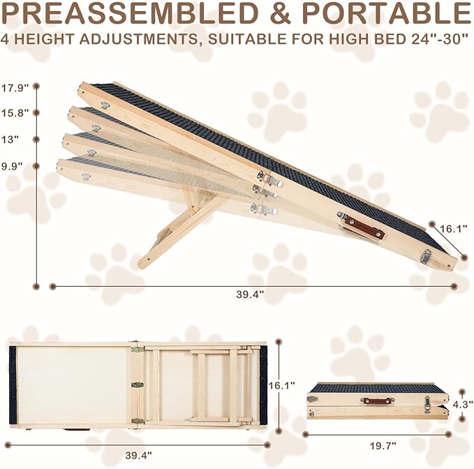 Foldable Dog Ramp for Bed, 4 Adjustable Portable Pet Ramps, 40" Long Pet Ramp for Small Dogs, for High Beds, Dog Step for Large Dogs Stairs for Car, Couch-PawvioPets