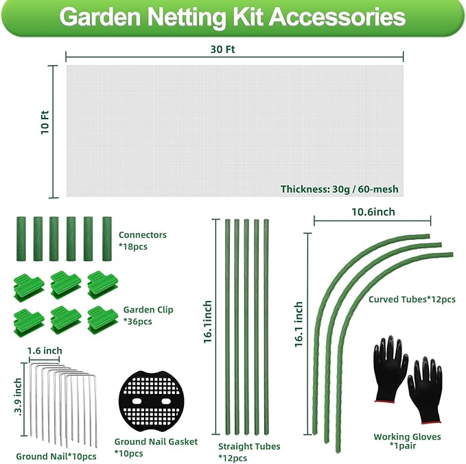 Garden Netting Kit, 10X30 Ft Garden Ultra Fine Mesh Net Bird Barrier Protection with Garden Hoops for Protect Garden Vegetables Flowers Shrubs Fruit Trees Indoors & Outdoors Plant Beds Greenhouse-PawvioPets