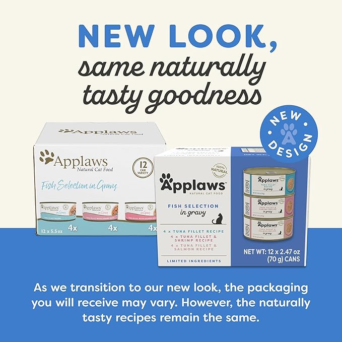 Applaws Natural Wet Cat Food in Gravy, Limited Ingredient Canned Wet Cat Food, Variety Pack, Made with Natural Ingredients, Fish Selection Variety Pack in Gravy (12 x 2.47oz Cans)-PawvioPets