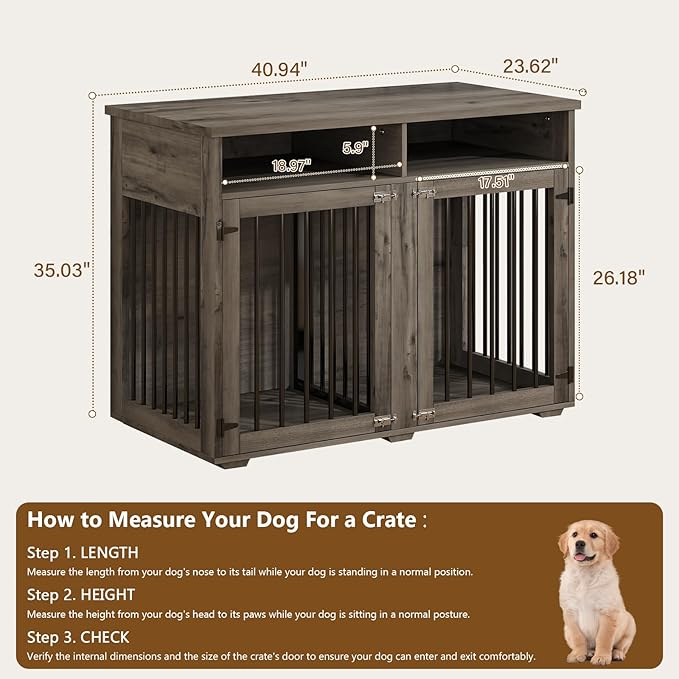 Furniture Dog Crate for 2 Dogs, 41 Inch Dog Kennel Furniture with Removable Divider and Shelf Storage, Wooden Dog Crate for Small/Medium Dogs, Grey-PawvioPets