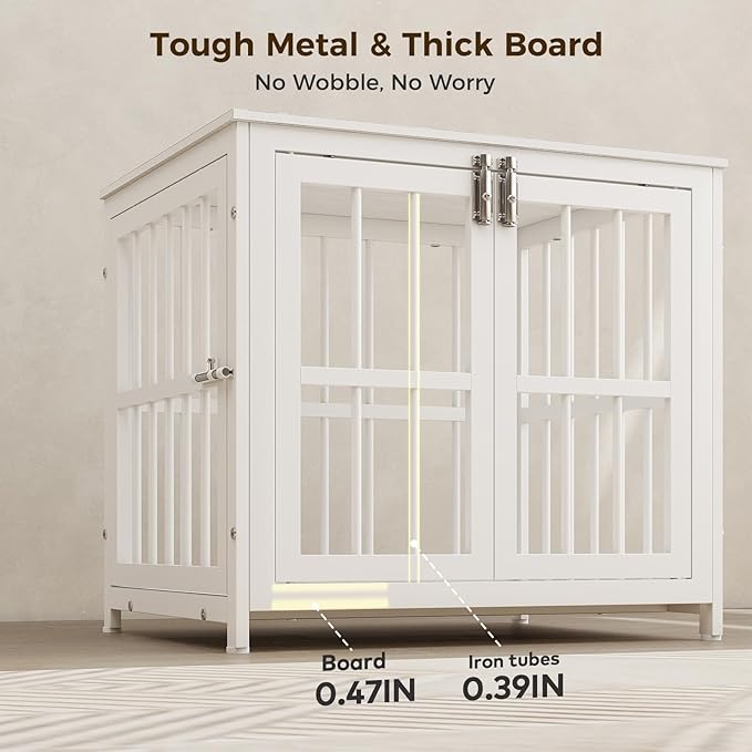 26 Inch Heavy Duty Wooden Dog Kennel End Table with Double Door Design and Secure Locks, Indoor Pet Crate Furniture for Small Dogs, Decorative Home Cage Design,White-PawvioPets