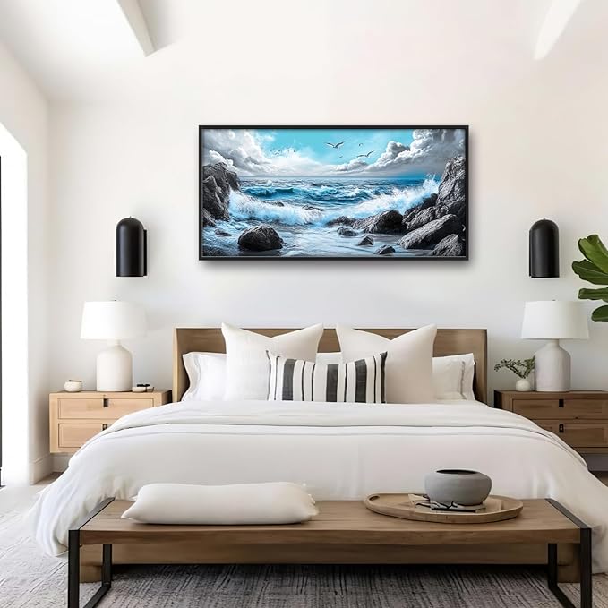 Extra Large Framed Abstract Sea Ocean Wall Art,Black and White Wall Decor, Coastal Seashore Pictures for Living Room,Canvas Print Painting Modern Artwork Bedroom Office Bathroom 60L x 30W-PawvioPets