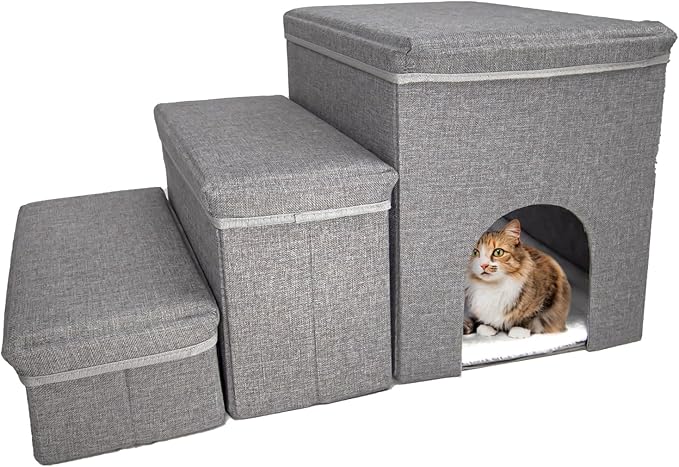Dog Stairs with Storage Dog Steps for High Beds 3-Step Pet Stairs Ramp with Storage Box and Condo for Small Dogs Cats Pets-PawvioPets