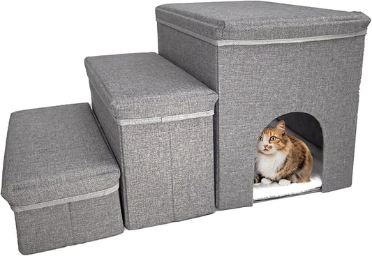 Dog Stairs with Storage Dog Steps for High Beds 3-Step Pet Stairs Ramp with Storage Box and Condo for Small Dogs Cats Pets-PawvioPets