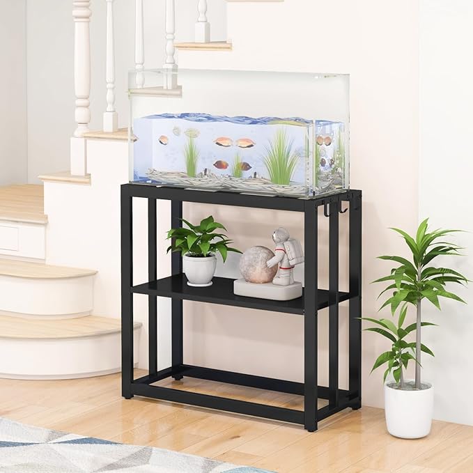 30.7" W x 13" Inch for 20-29 Gallon Long Fish Tank Stand With Storage Shelf, Aquarium Stand With Hooks,Heavy Duty Metal Turtle Reptile Tank Stand, Easy Assemble-PawvioPets