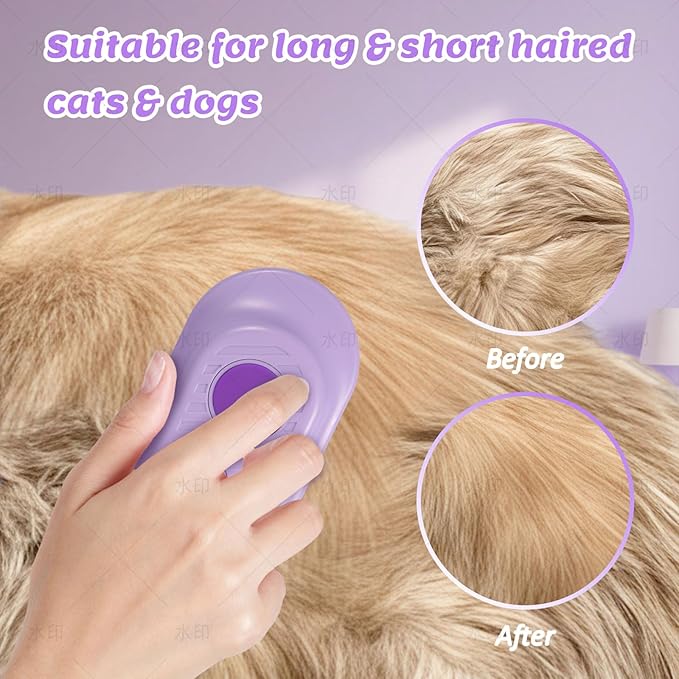 4 in 1 Cat & Dog Steam Brush Kit with 2 Comb Heads - Rechargeable Grooming Brush for Long/Short Hair Shedding, Anti-Static Steam Spray & Foldable Handle, Pet Spa Cleaning Tool (Purple)-PawvioPets