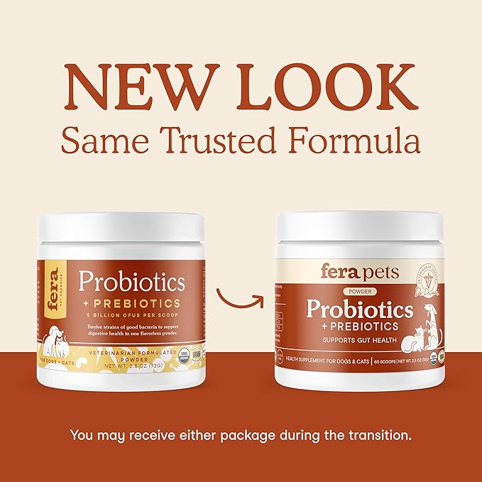 Fera Pets Probiotics for Dogs & Cats with Prebiotics - USDA Organic - Gut Health Powder Supplement with 12 Strains and 5 Billion CFUs - Supports Immunity, Energy and Skin & Coat - 60 Scoops-PawvioPets