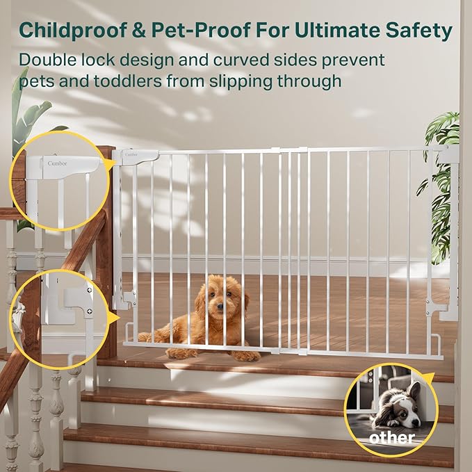 Cumbor 31.6-48" No Bottom Bar Baby Gate for Stairs, 2-in-1 Auto Close Dog Gate Indoor, Hardware Mounted Pet Gate for Doorways with Large Walk Thru Door, Child-Proof Safety Gate for Kids (White)-PawvioPets