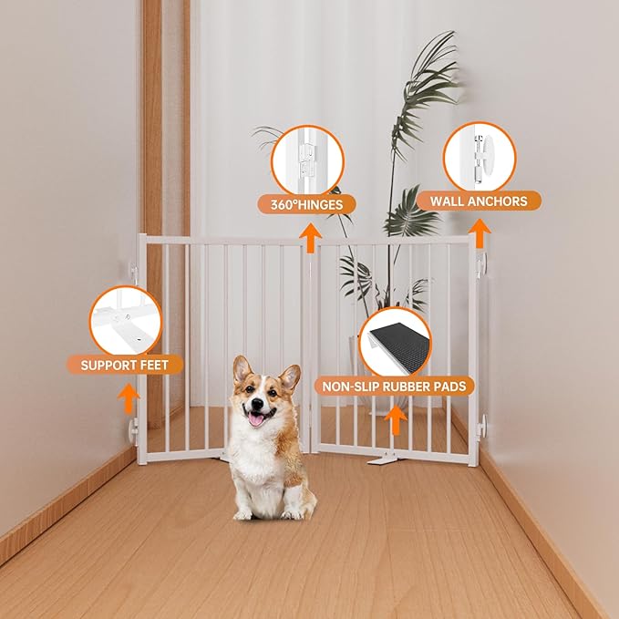 Full Metal Freestanding Dog Gate with Door, 24'' Height Foldable Pet Dog Fence for Indoor & Outdoor, 2 Panels Extra Wide Free Standing Small Dog Gates for Doorways,House,Stairs,Porch,Deck,Yard-PawvioPets