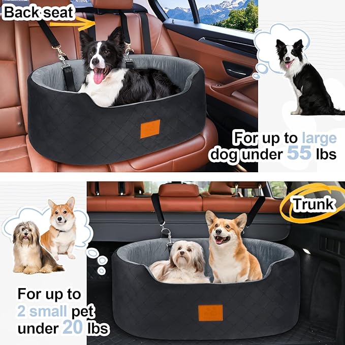 Dog Car Seat for Medium Dogs Up to 50 lbs, Pet Booster Seat for Cars SUVs and Trucks, Travel Dog Bed with Safety Strap, Thick Cushion, Non-Slip Base, Washable and Portable(Black/Gray-PawvioPets