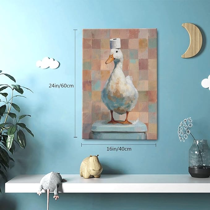 Funny Duck Bathroom Wall Art Cute Duck on Toilet Canvas Wall Decor Funny Quirky Farm Animal Pictures Painting Print Framed Artwork Decorations Gifts for Bathroom 16"x24"-PawvioPets