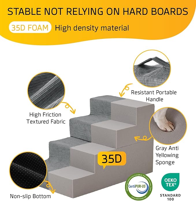 Dog Stairs for High Bed, Dog Steps for Bed Couch Sofa, 35D Foam Extra Wide Pet Steps for Small Dogs and Cats, Pet Stairs with Non-Slip Bottom Grey, 5 Steps-PawvioPets