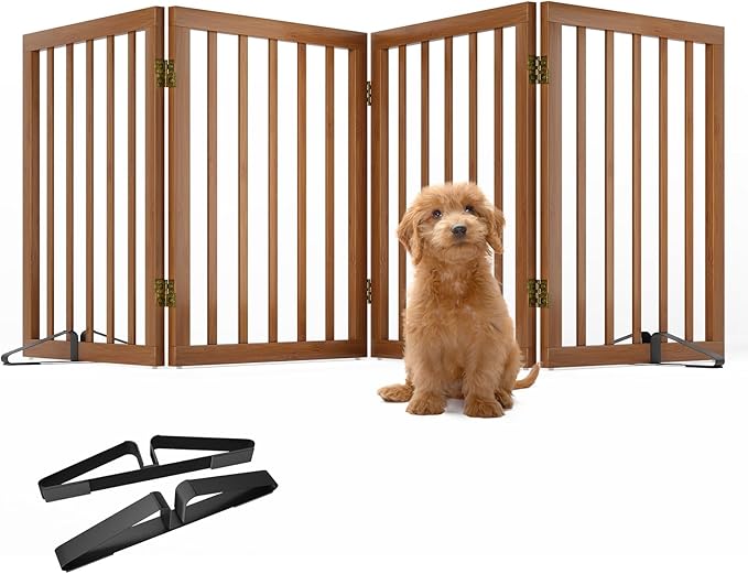 Freestanding Pet Gate Foldable 4 Panel Dog Gate Walnut Dog Gates for Stair Doorways House Indoor (2 Support Feet Included)-PawvioPets
