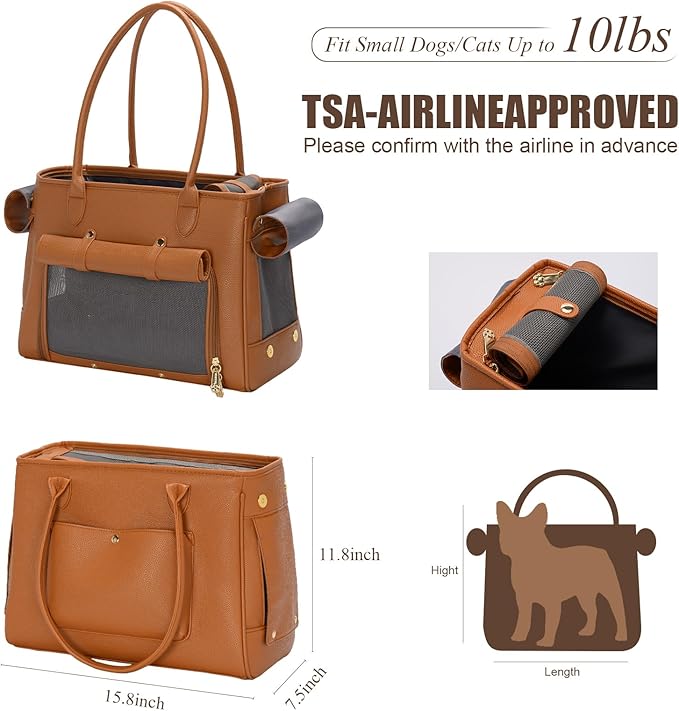 Fashion Pet Carrier Purse for Small Cat and Dog, Luxury Pu Soft-Sided Tote Bag with Large Pockets for Dogs and Puppies (Brown, 15.8" L x 7.5" W x 11.8" H)-PawvioPets