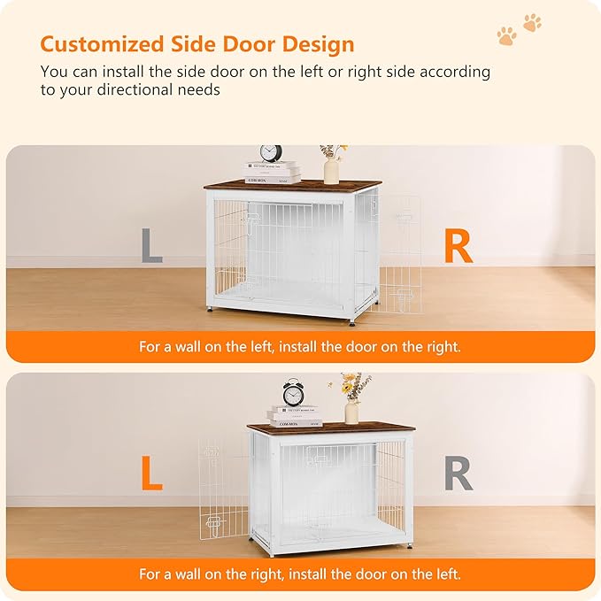 DWANTON Dog Crate Furniture with Cushion, Wooden Kennel Table with Double Doors, Indoor Dog House, Medium Size, 32.5" L, White+Rustic Brown-PawvioPets