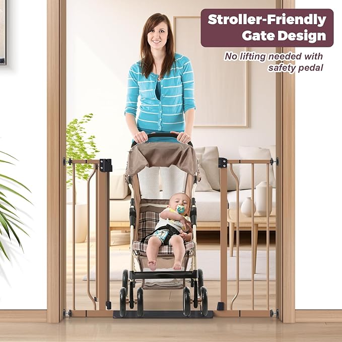 29"-40" Baby Gate for Stairs, Auto Close Stroller Friendly Dog Gate Indoor for Doorways, Pressure Mounted Baby Gate, Easy Walk Through Gate for Children & Pets, Brown-PawvioPets