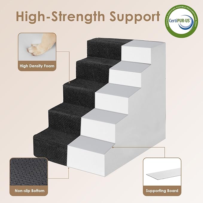 EHEYCIGA Dog Stairs for High Bed 25" H, 5-Step Extra Wide Dog Steps for Bed, Pet Steps for Small Dogs and Cats, Non-Slip Balanced Pet Ramp Indoor, Black-PawvioPets