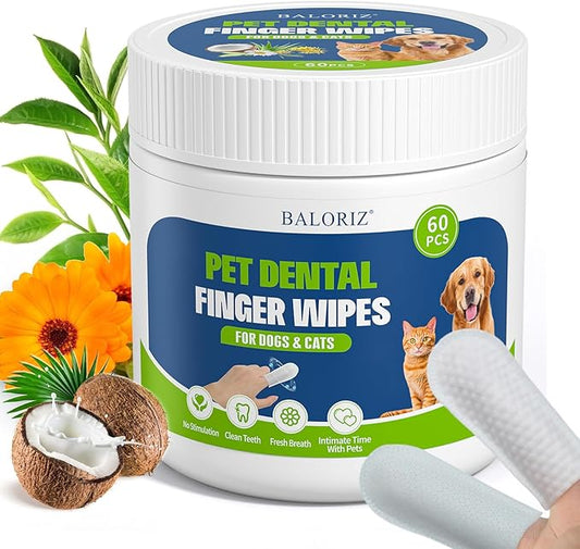 Dog Dental Care Finger Wipes, 60 PCS Teeth Cleaning Wipes for Dogs & Cats, Tooth Brushing Kit Dental Wipes Reduces Plaque & Freshens Breath, Disposable Gentle Cleaning & Gum Care Pet Wipe-PawvioPets