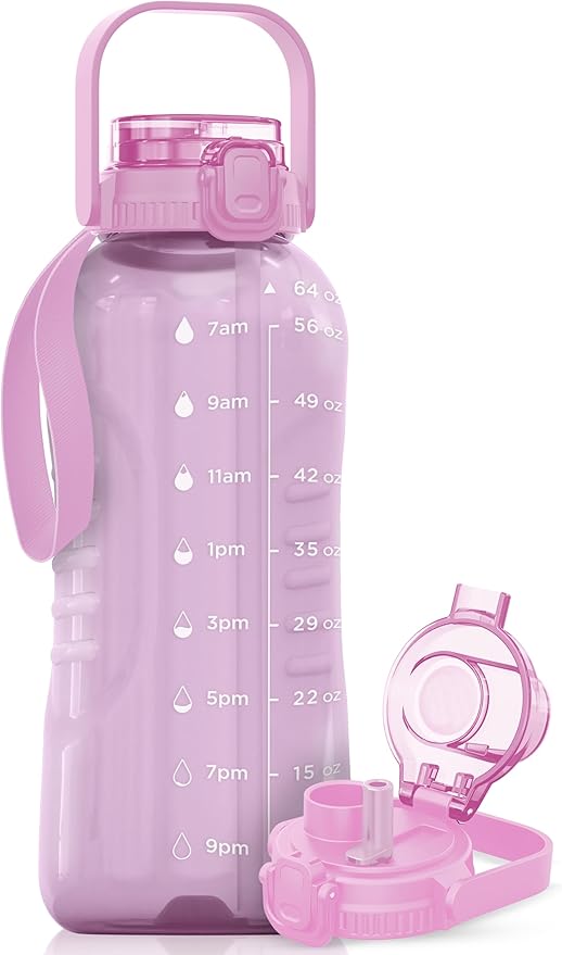 AQUAFIT 64 oz Water Bottle with Time Marker - 2in1 Straw & Chug Lid - BPA Free Big Water Bottle with Straw - Gym Water Bottle with Strap - Water Jug (64 Ounces, Purple Haze)-PawvioPets