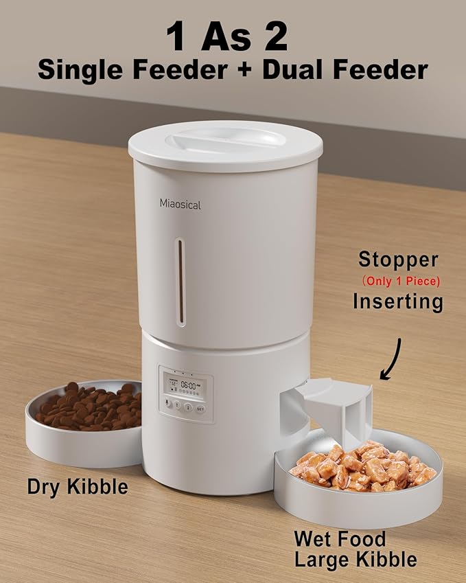 Dual Automatic Cat Feeder 2 Cats,6 Meals/Day,12 Portions/Meal,4.2L Dual Power Double Bowls Feeder,Dry Food Auto Pet Dispenser,10S Voice Record,Flexible Schedule Timer(White,Stainless Dual Bowls)-PawvioPets