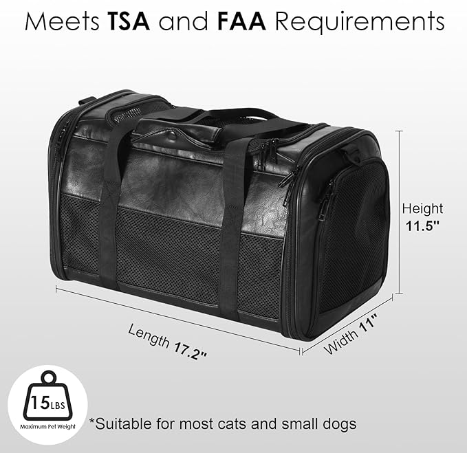 Fashion Leather Dog Carrier, Airline Approved Cat Carrier Soft Sided Pet Bag Carrier Purse for Puppy Kitten Small Animals Black-PawvioPets