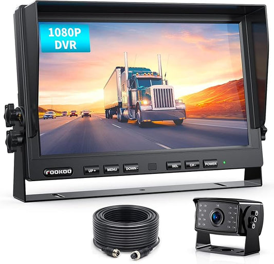 Fookoo Ⅱ 10" 1080P Wired Backup Camera System,10-inch HD Dual Split Screen Monitor with Recording IP69 Waterproof Rear View Camera Parking Lines Supports Up to 2 Cameras for Truck/Trailer/RV(DY101)-PawvioPets