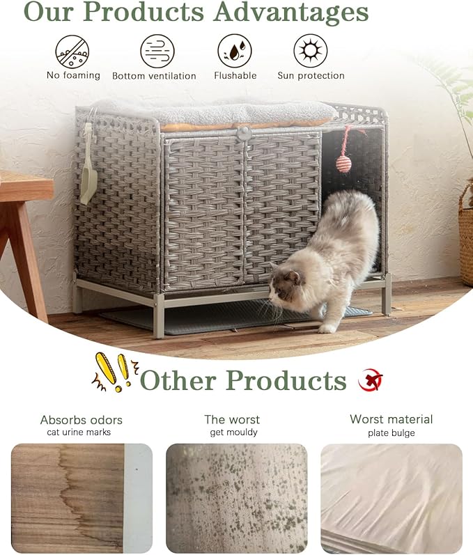 Cat Litter Box Enclosure Furniture with Divider, Handwoven Rattan Litter Box with Mat, 31.2 x 19.6 x 24.2 Inches, Metal Heightened Feet, Hidden Cat House for Living Room, Bedroom (Gray)-PawvioPets