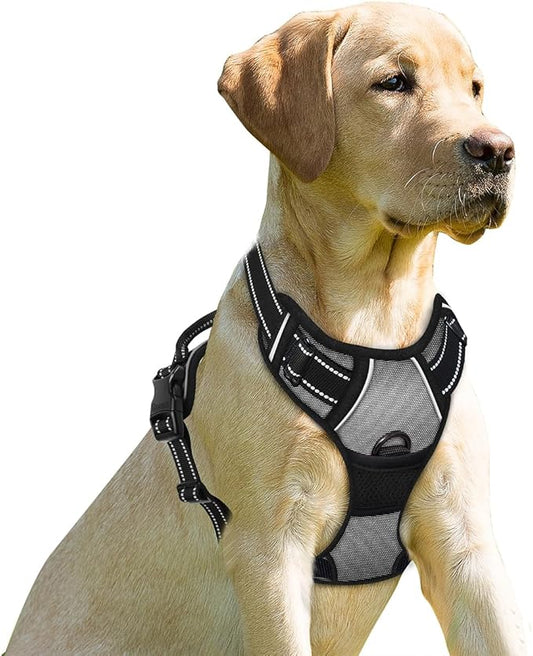 BARKBAY No Pull Dog Harness Front Clip Heavy Duty Reflective Easy Control Handle for Large Dog Walking(Dark Grey,L)-PawvioPets