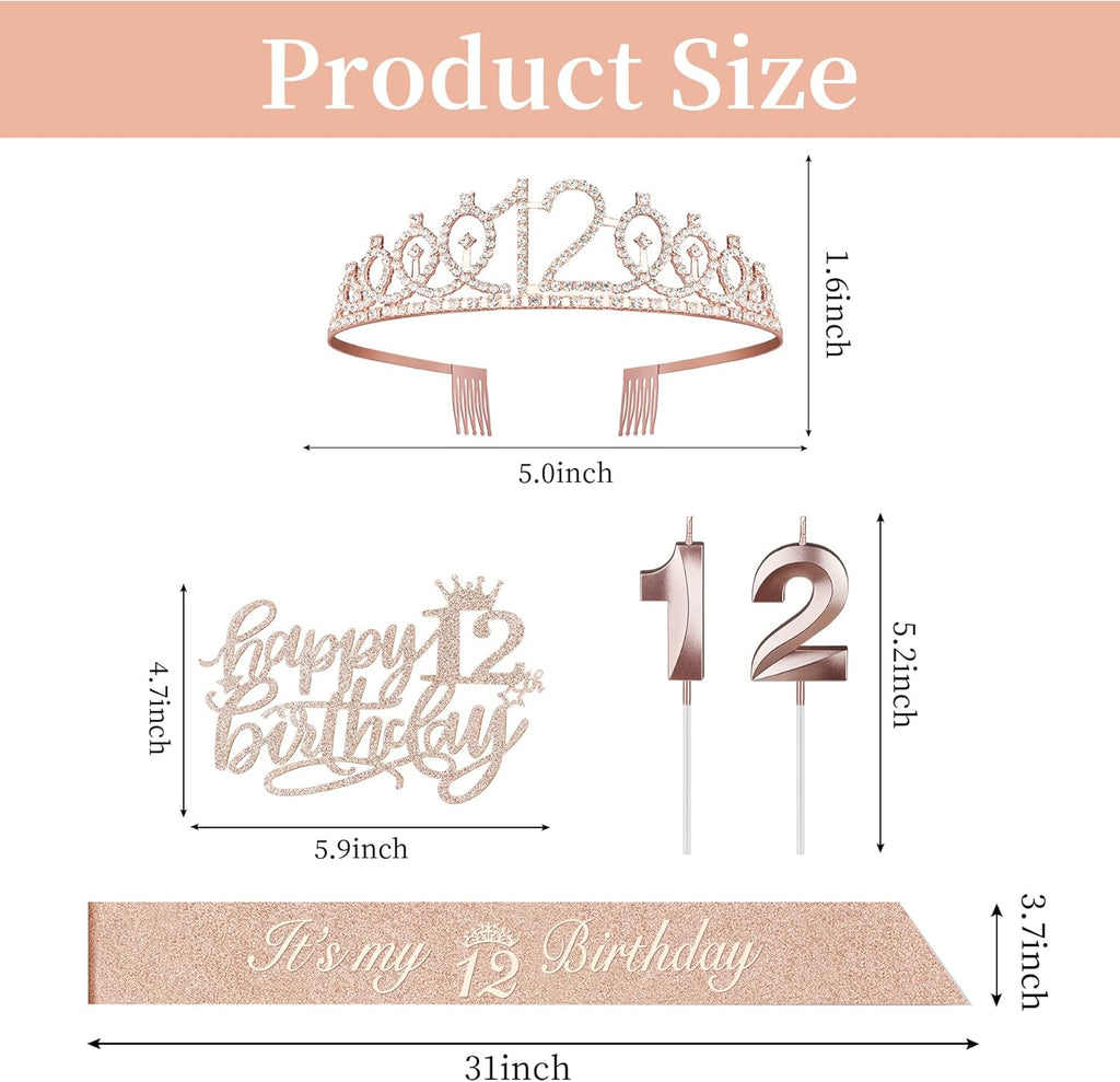 12th Birthday Decorations for Girls Including Sash, Crown/Tiara, Candles and Cake Topper, Rose Gold 12 Year Old Birthday Party Decorations for A Girl