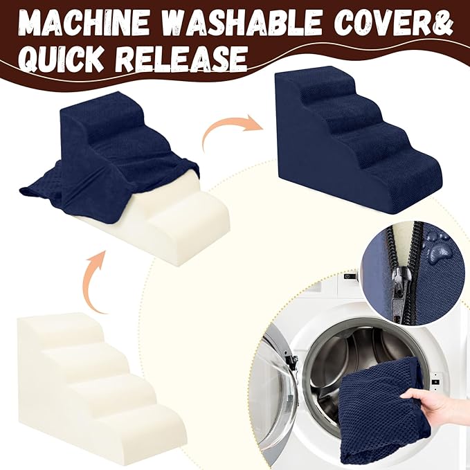 Dog Stairs for Small Dogs - High Density Foam Pet Steps, Extra Wide Dog Ramp with Non-Slip Bottom for High Beds, Couch and Sofa, Best for Dogs Injured, Older Doggy Cats, 4 Steps, Navy-PawvioPets