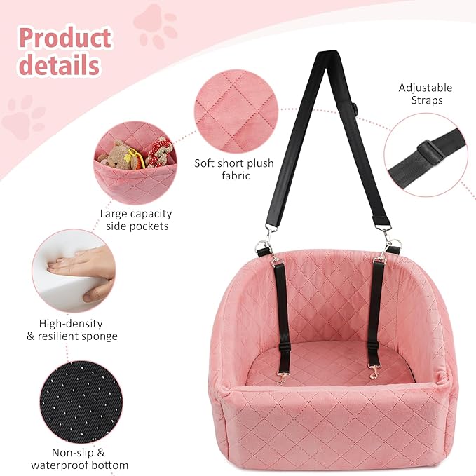 Dog Car Seat for Small Medium Dogs,Detachable Washable Dog Booster Seat Under 30lbs, Pet Car Seats Travel Bed with Storage Pockets and Safety Belt(Pink)-PawvioPets
