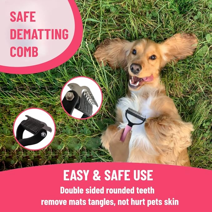 Dog Grooming Kit - Deshedding Brush for Short Hair, Slicker Brush, Flea Comb, Puppy Brush Set in Pink-PawvioPets