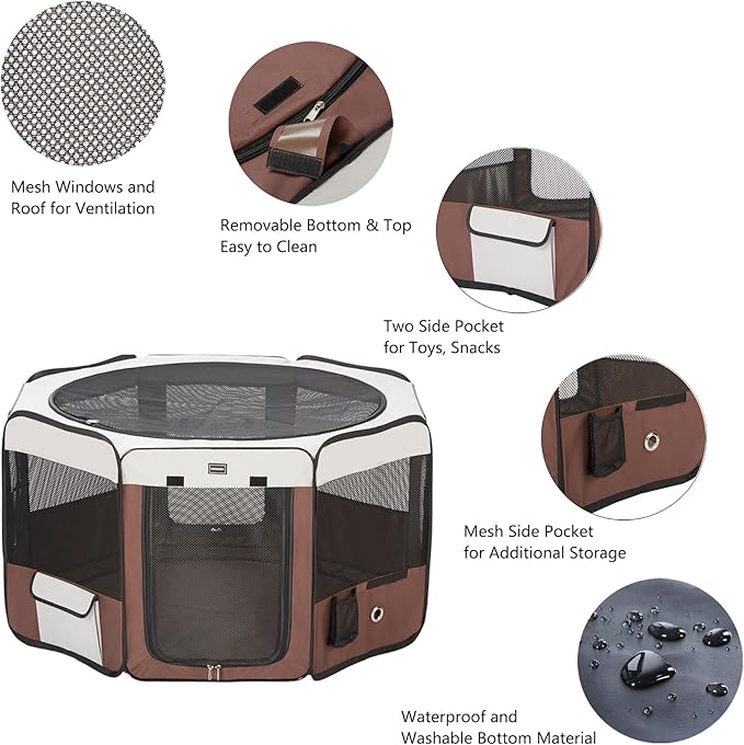 DONORO Dog Playpen Portable Pet Play Pens for Small Dog/Cat/Rabbit/Chicks, Cat Playpen Indoor/Outdoor with Carring Case, Removable Zipper Top and Bottom (Brown, Medium (35"x35"x20"), 8)-PawvioPets