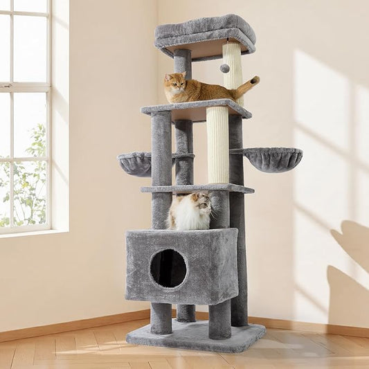 Gardner Pet 65in Heavy Duty Cat Tree Tower for Large Cats, Multi-Level Cat Furniture with Replaceable Sisal Scratching Post, Hammock | Extra-Large Platform & Condo (Upgraded Grey)-PawvioPets