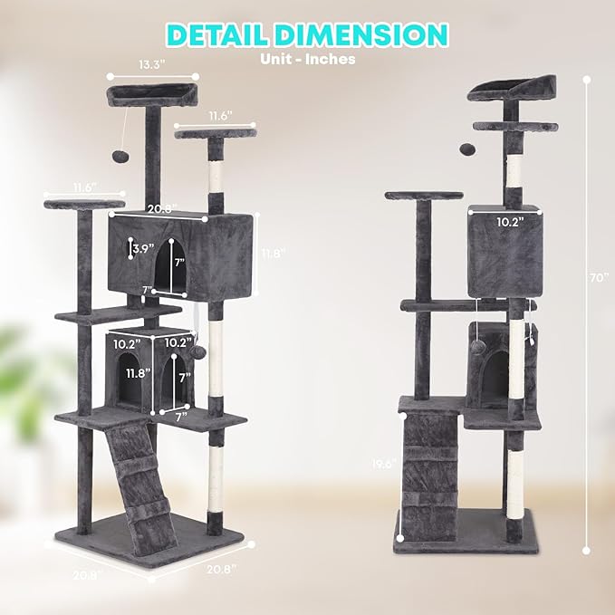 FDW Cat Tree 70in Cat Tower Multi-Level Durable Cat Scratching Post & Cozy Fun Cat Jumping Platform Space Saving Cat Condo Pet Play House for Indoor Cats,Light Gray-PawvioPets