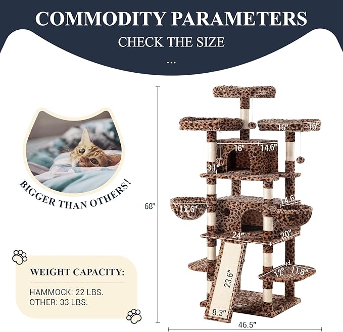 Allewie 68 Inches Cat Tree/House and Towers for Big Feline/Scratching Post/Multi-Level Large Kitty Climbing Tree with Condo/Leopard Print-PawvioPets