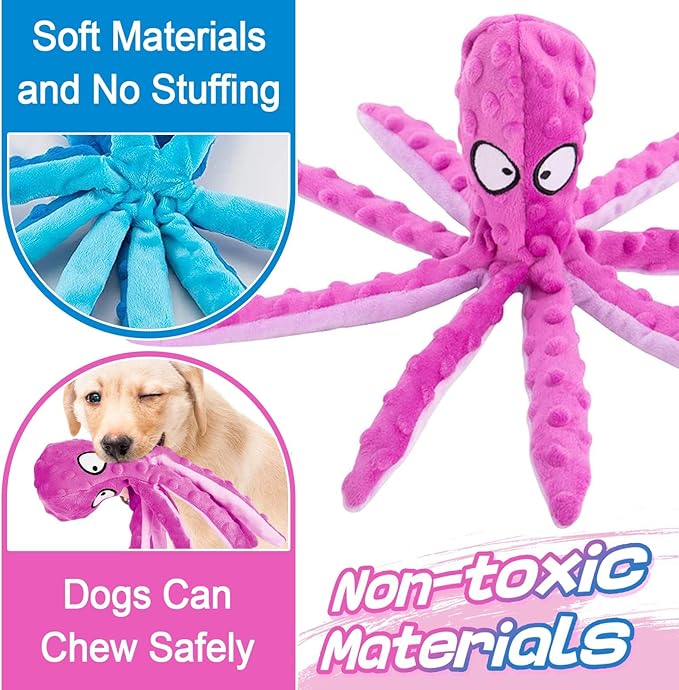 Alphatool Squeaky Dog Toys - 3pcs Soft Plush Chew Crinkle Puppy Toys to Keep Them Busy, Octopus No Stuffing Interactive Essentials for Teething Small Medium Pets Dogs Gifts-PawvioPets