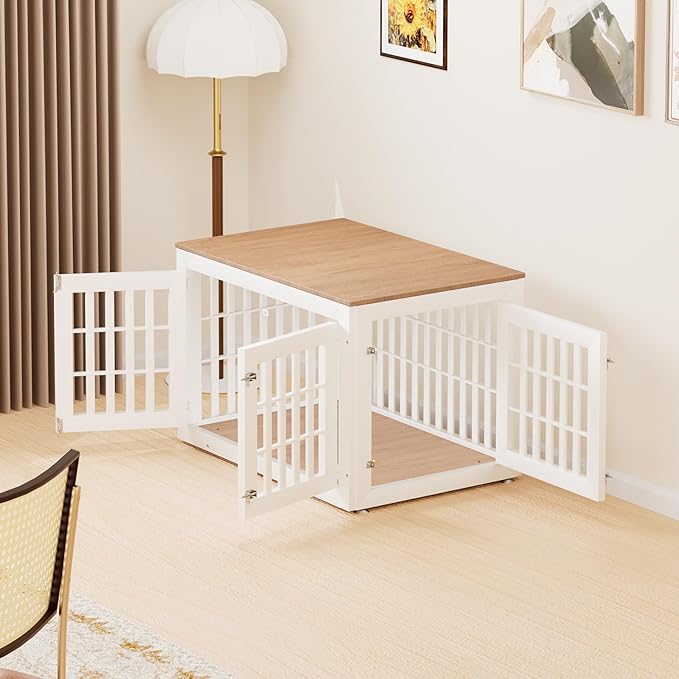 42" Heavy Duty Dog Crate Furniture for Small,Medium and Large Dogs,Rustic Wooden Dog Cage Kennel Indoor Furniture with Waterproof Top,Decorative Pet House Side End Table (White & Wood)-PawvioPets