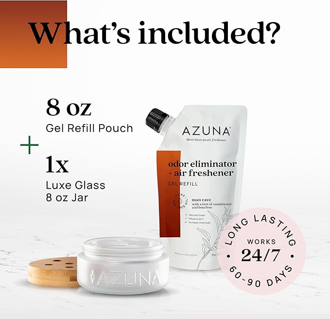 Azuna Air Freshener & Odor Eliminator for Strong Odor | 1 Room Kit Includes (1) Empty Luxe Glass Jar & 8oz Refill with Tea Tree Essential Oil Gel | Sandalwood | Last 60-90 Days-PawvioPets