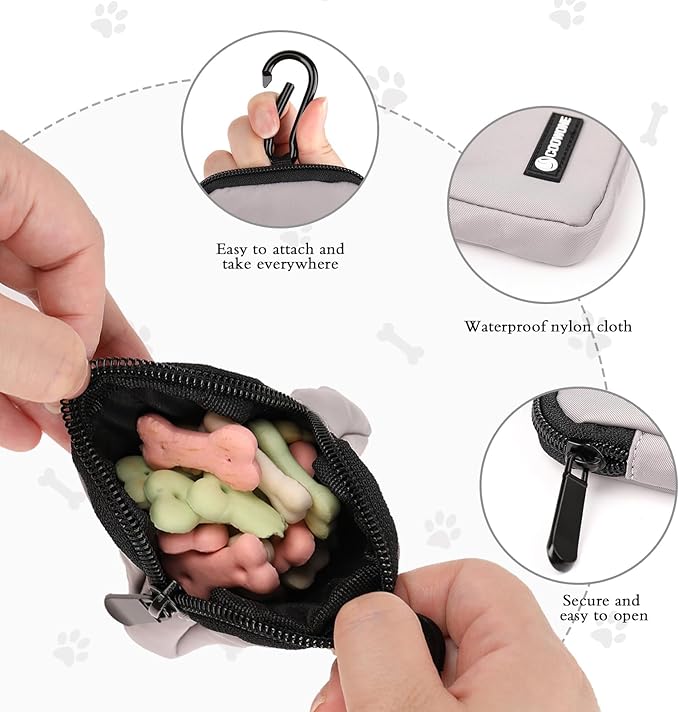 Dog Treat Pouch 2 PCS, Waterproof Small Dog Treat Bag for Leash, Hands Free Dog Walking Bag with Carabiner, Dog Poop Bag Holder for Pet Puppy Travel or Outdoor Use, Zipper Closure to Avoid Spilling-PawvioPets