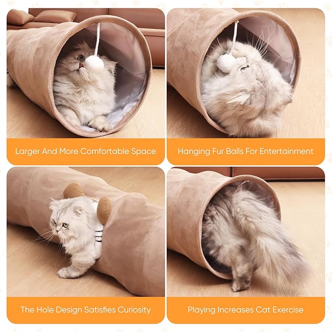 Collapsible Cat Tunnel Straight Tube for Indoor Cats & Kittens Large Foldable Play Cave Toy with Hanging Ball & Peek Hole,Ideal for Rabbits, Ferrets, Puppies & Small Pets-PawvioPets