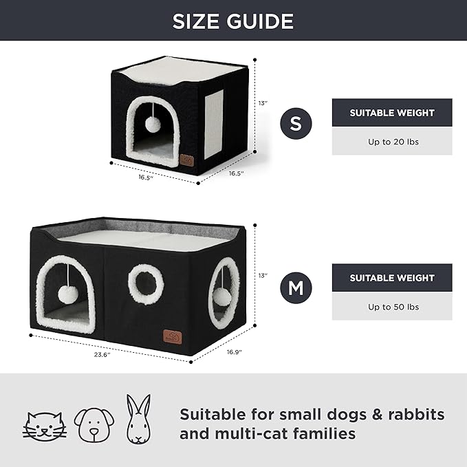 Bedsure Large Cat Beds for Indoor Cats - Extra Wide Cat Cube House for Small Pet with Fluffy Ball Hanging and Scratch Pad, Foldable Pet Cave Hideaway for Multiple Cats, 23.6x16.9x13 inches, Black-PawvioPets