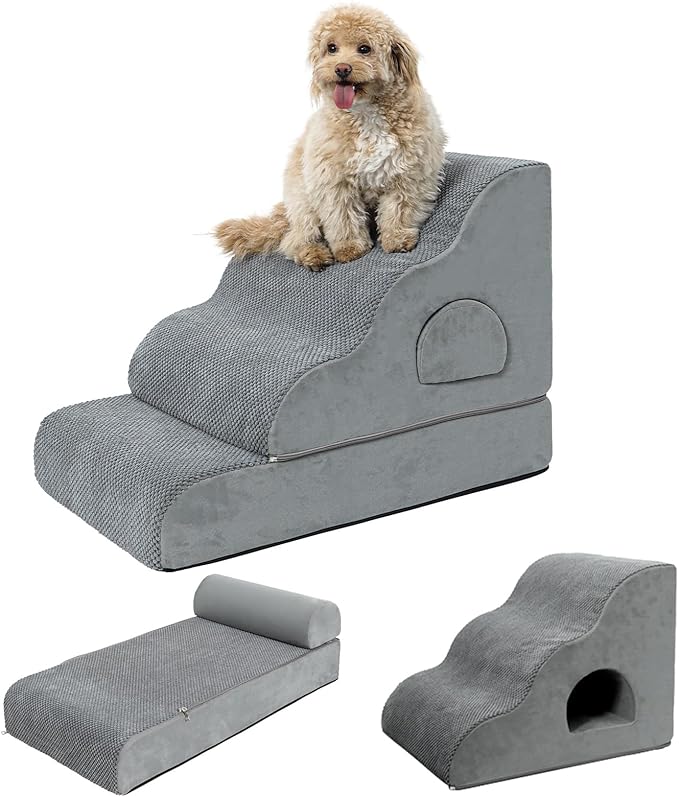 Dog Stairs for Small Dogs 19.7" H, 4-Step Dog Steps for High Bed, High-Density Foam Curved Pet Stairs with Non-Slip Removable Washable Cover to Get on Bed-PawvioPets