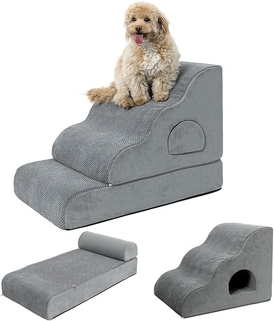 Dog Stairs for Small Dogs 19.7" H, 4-Step Dog Steps for High Bed, High-Density Foam Curved Pet Stairs with Non-Slip Removable Washable Cover to Get on Bed-PawvioPets