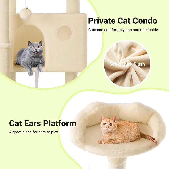 Allewie 64 Inches Cat Tree Tower/Multi-Level Activity Center for Indoor Big Felines/2 Plush Condos/2 Perchs/Basket/House/Sisal Scratching Posts/Hanging Cat Toys/Beige-PawvioPets