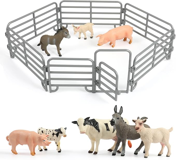 Farm Animal Toys, Realistic Farm Animal Figurines and Fence Playset, Includes Cow Pig Donkey Goat, Birthday Christmas Animal Gift Set for Kids Toddlers (Farm World)-PawvioPets