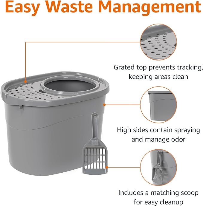 Amazon Basics Large Cat Litter Box with High Sides, Top Entry, Includes Scoop, 20.5 x 14.75 x 14.38 inches, Grey-PawvioPets